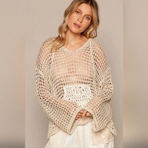 POL V-neck long sleeve crochet front pockets hoodie sweater